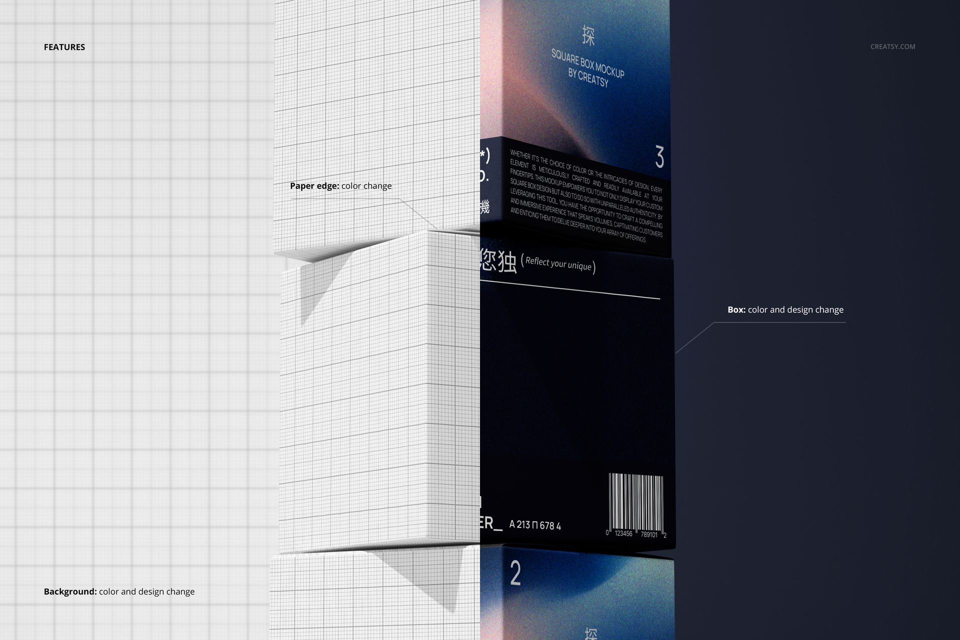 Square packaging box mockup shown in split view, displaying both grid template and finished design with color changes.
