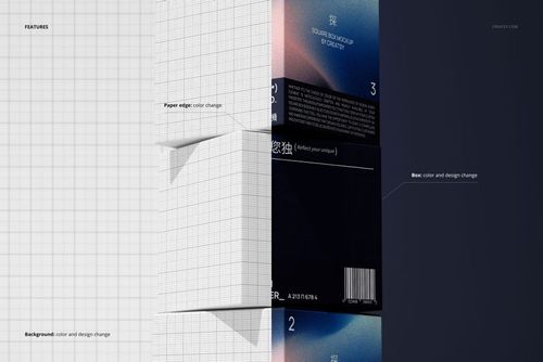 Square packaging box mockup shown in split view, displaying both grid template and finished design with color changes.
