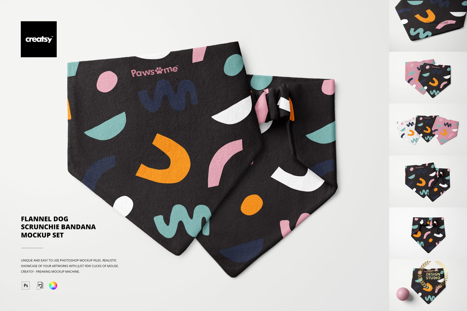 Flannel dog bandana and scrunchie set with abstract colorful shapes on black fabric, shown in front view mockup.