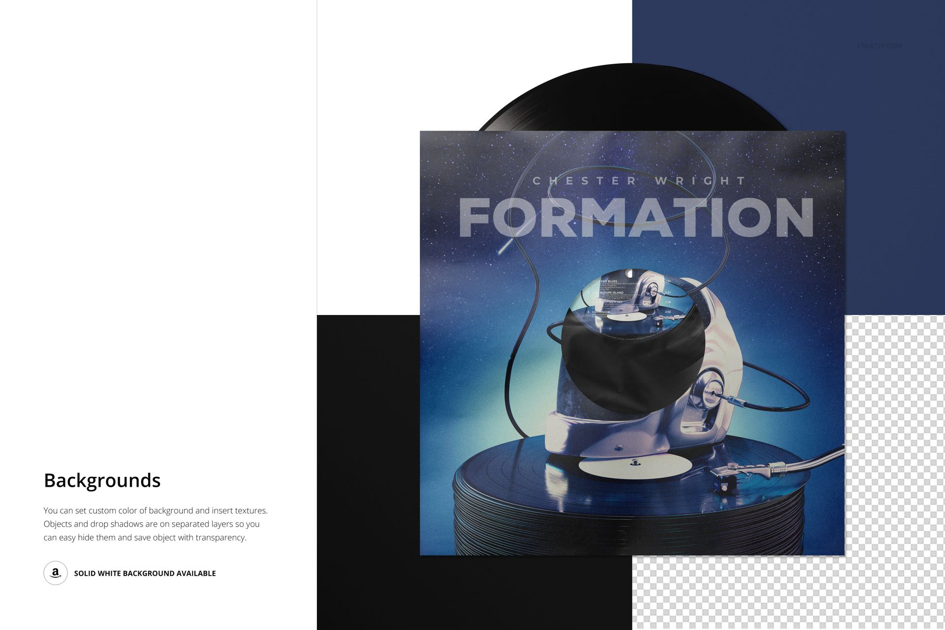 Vinyl record paper sleeve mockup showing a blue-toned sleeve with poly lining and a visible black record edge.