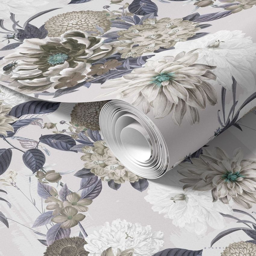 Rolled wallpaper mockup featuring a detailed floral print with large blossoms and leaves in muted beige and gray tones.
