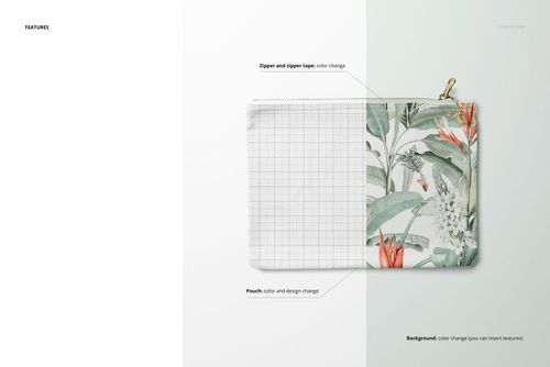 Flat canvas pouch mockup with a tropical leaf and flower pattern on the right, shown from a top view on a light background.