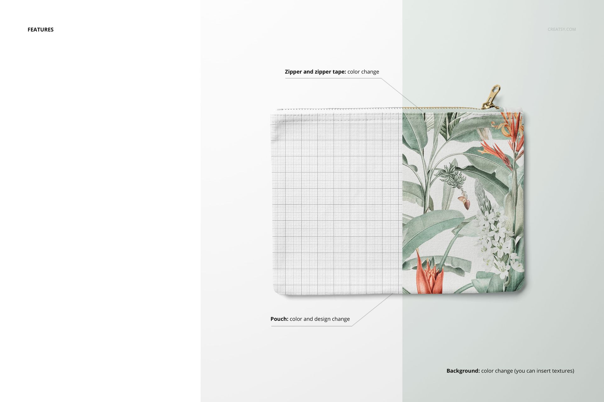 Flat canvas pouch mockup with a tropical leaf and flower pattern on the right, shown from a top view on a light background.