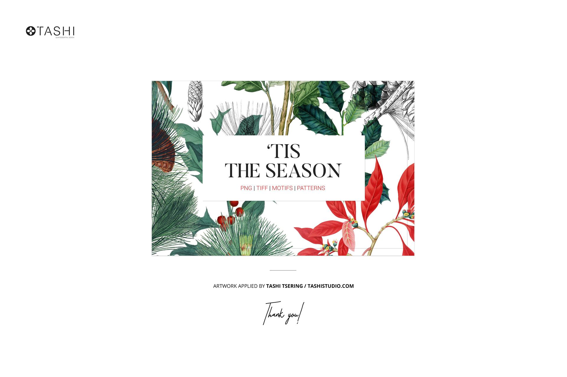 Fabric swatch mockup featuring botanical and festive patterns in green and red tones, displayed from a front view.