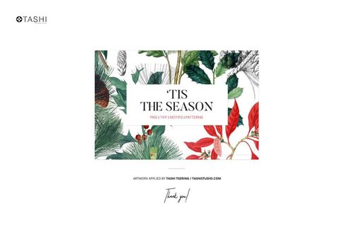 Fabric swatch mockup featuring botanical and festive patterns in green and red tones, displayed from a front view.