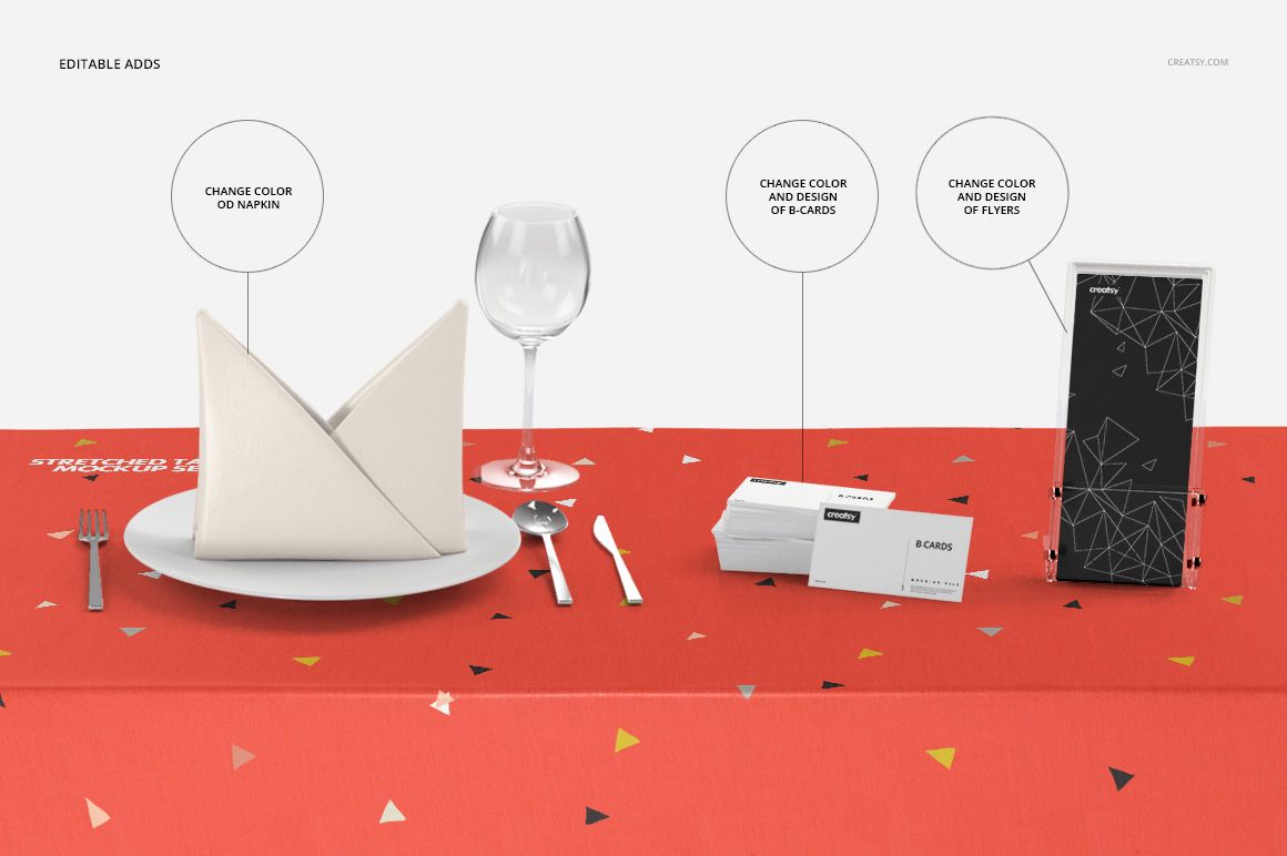 Front view of a red stretch tablecloth with geometric patterns, set with napkin, plate, glass, business cards, and flyer mockups.