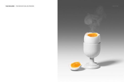 Easter egg breakfast mockup featuring a steaming egg in a white cup with shell half nearby, front view.