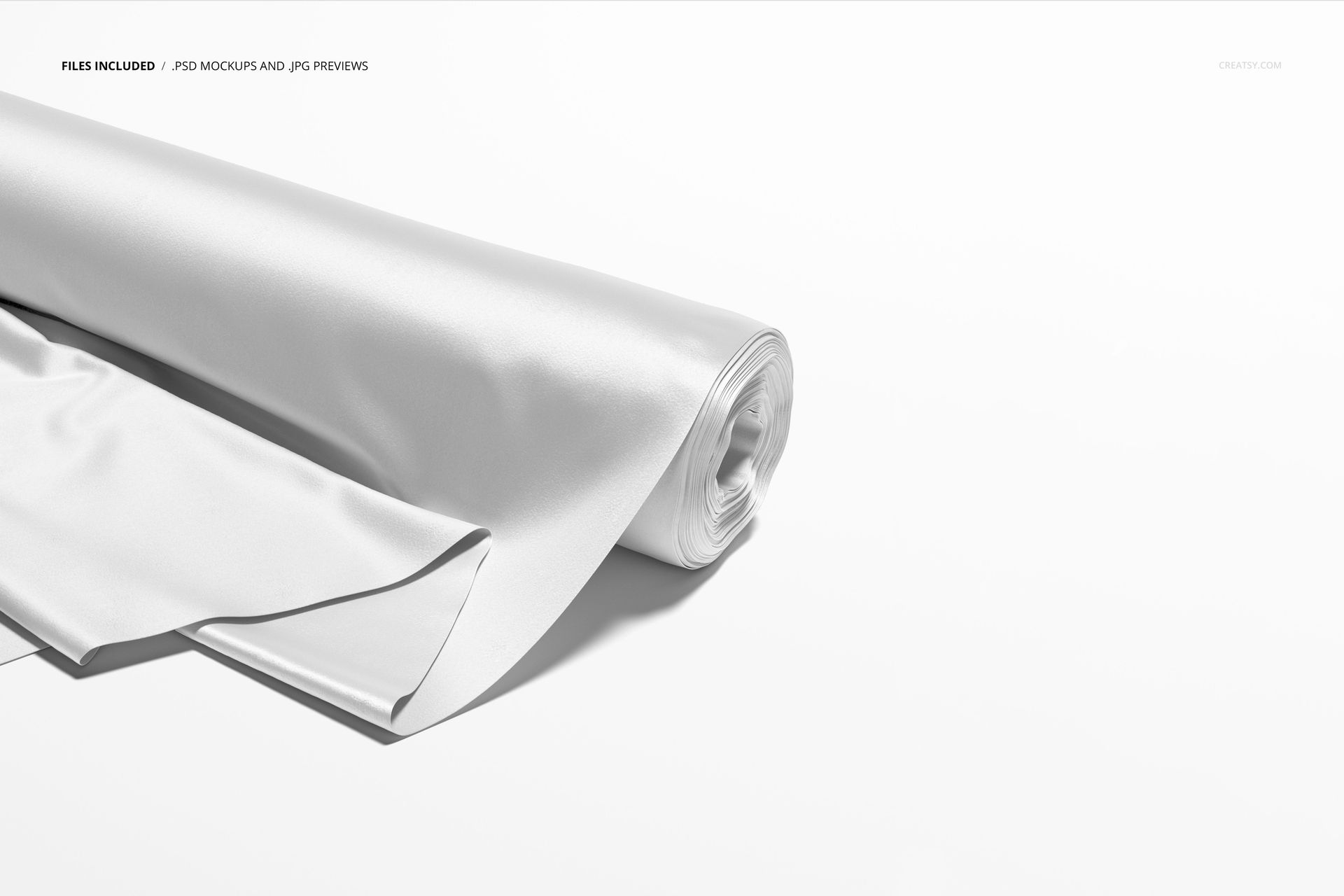 Satin fabric roll mockup with glossy white material, partially unrolled, viewed from a front-side perspective on white background.