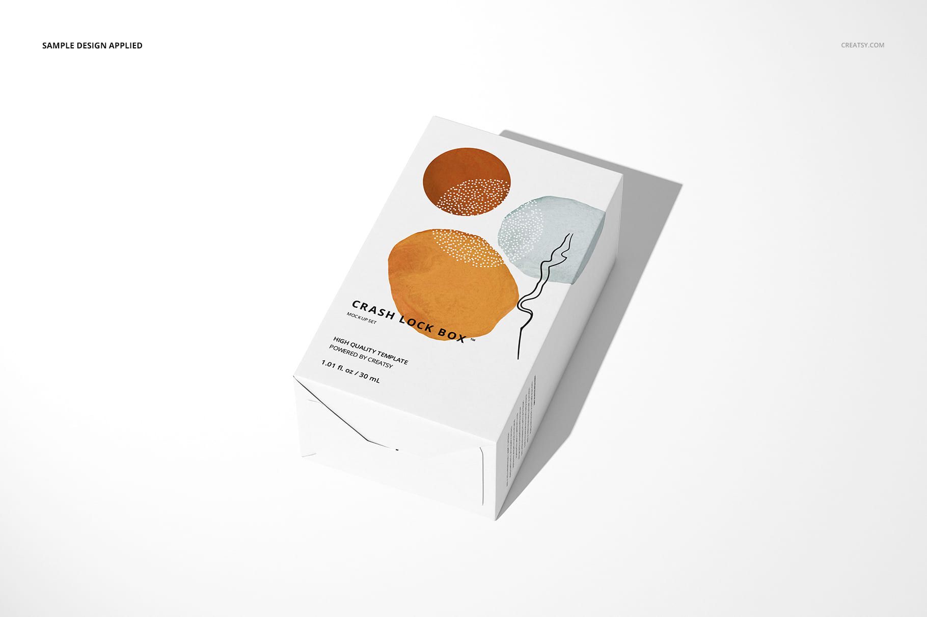 Packaging box mockup featuring tuck top crash lock style, decorated with modern abstract shapes, shown in perspective view.