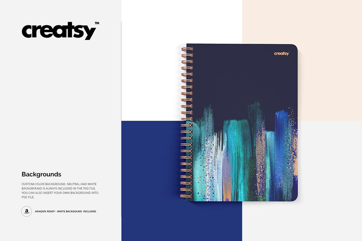 Front view of a notebook mockup with square spiral binding and colorful abstract design on the cover, set on color blocks.