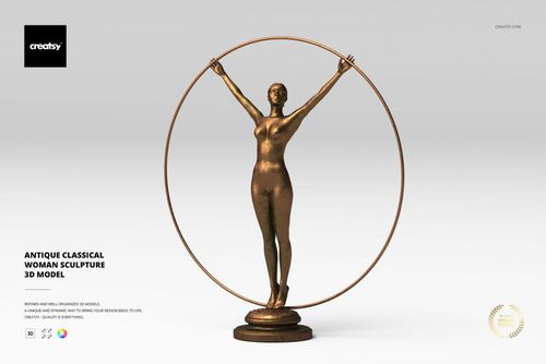 Bronze-toned classical woman sculpture standing with arms raised inside a circular ring, front view on white background.