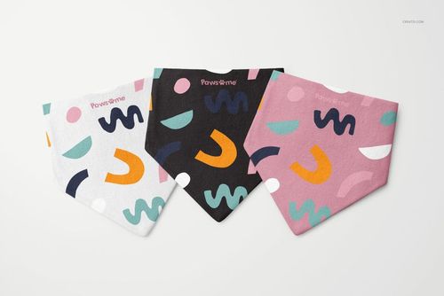 PSD mockup of flannel dog bandanas with multicolor abstract designs, arranged in a row against a plain surface.