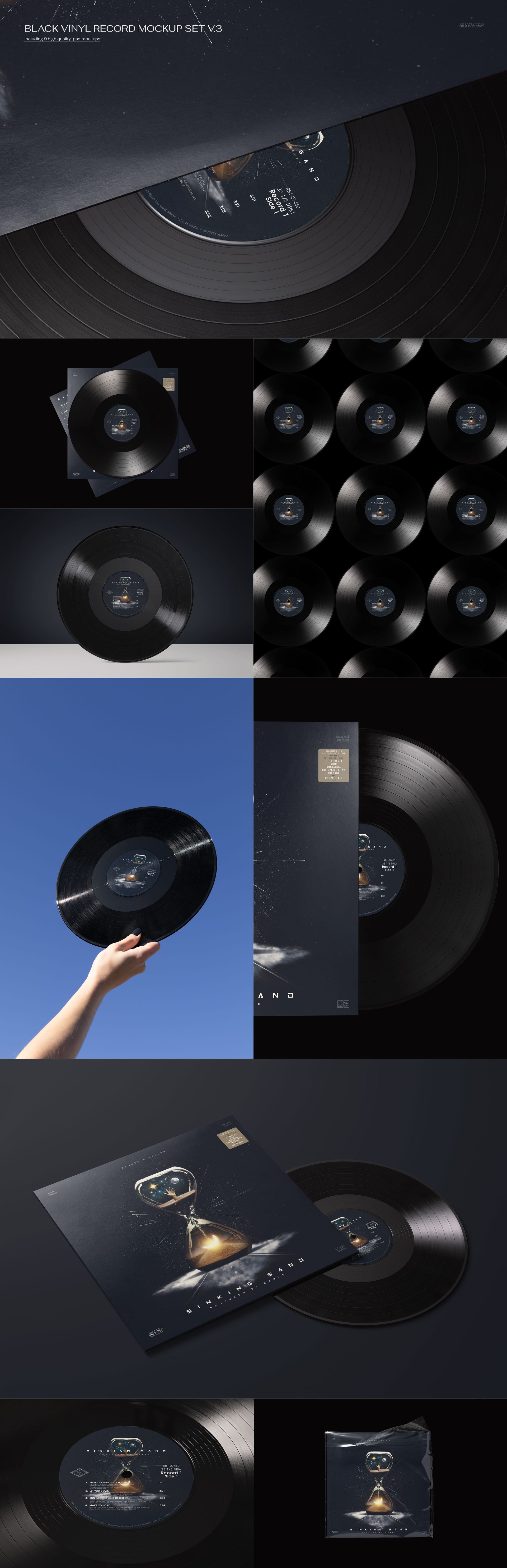 Multiple vinyl records and album covers displayed in various arrangements, featuring dark and minimalist designs.