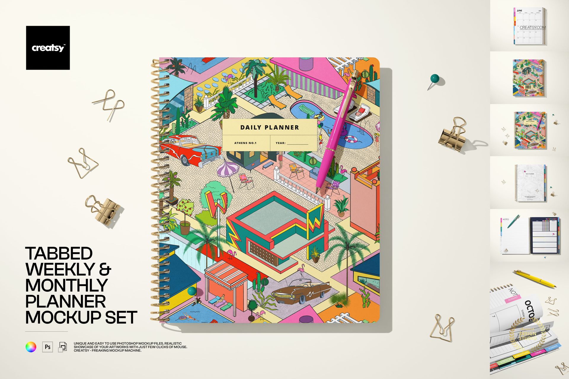 Tabbed weekly and monthly planner mockup with vibrant geometric cover, spiral rings, and stationery props beside it.
