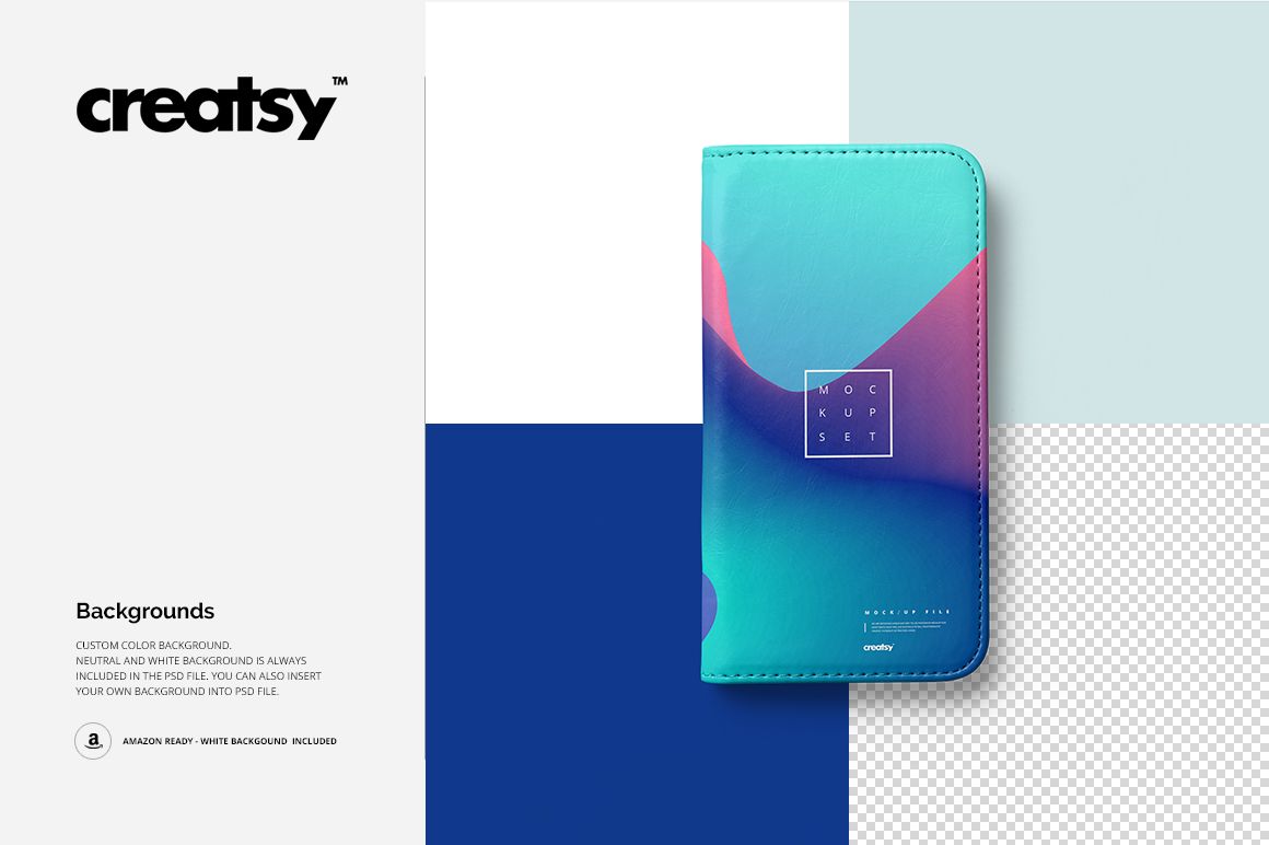 Foldable iPhone 8 case mockup displayed closed, featuring a blue and purple abstract design on a geometric background.