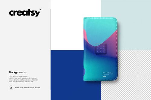 Foldable iPhone 8 case mockup displayed closed, featuring a blue and purple abstract design on a geometric background.