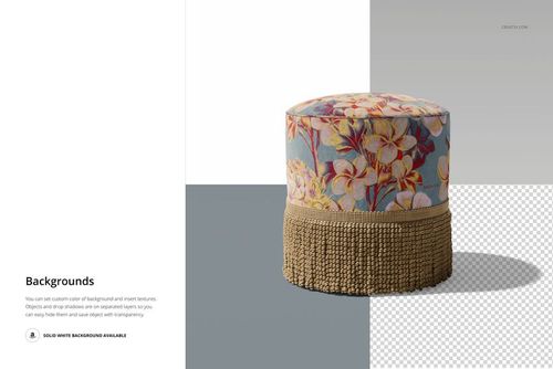Round fringed velvet footstool mockup with a floral patterned top, beige fringe, and blue background, front view.