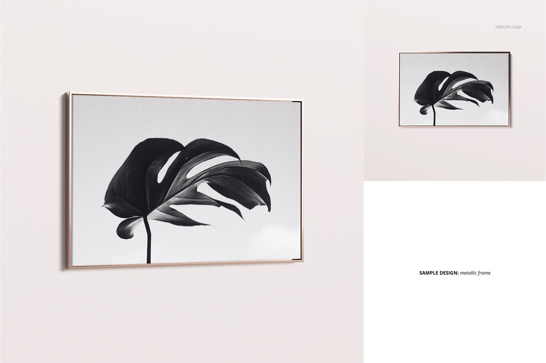 PSD mockup of a framed canvas wall art with a minimalist leaf illustration, shown in an angled perspective.