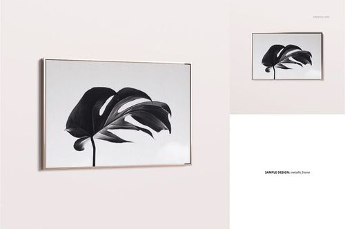 PSD mockup of a framed canvas wall art with a minimalist leaf illustration, shown in an angled perspective.
