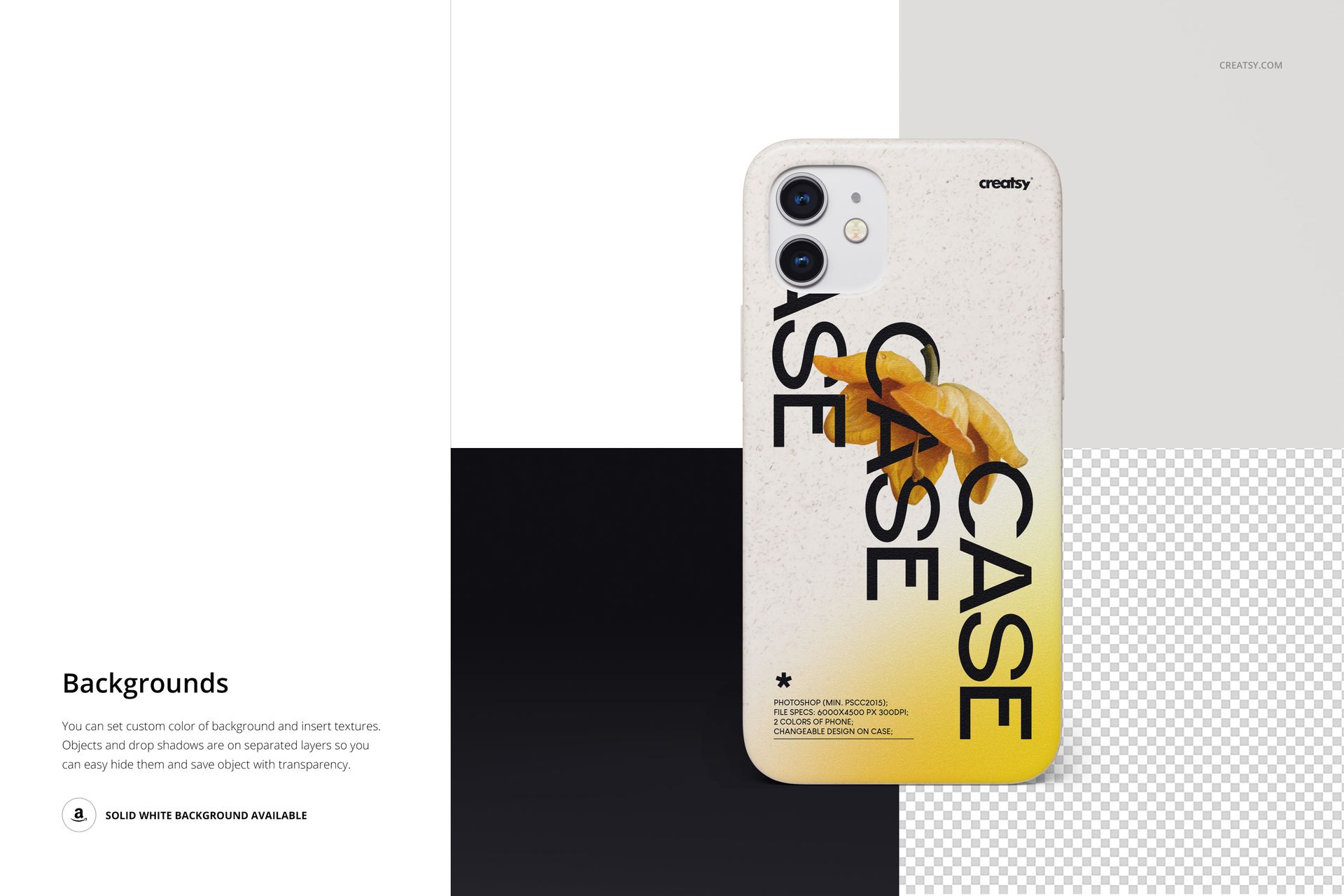 iPhone 12 case with eco-friendly texture and yellow gradient design, shown in a front view PSD mockup.