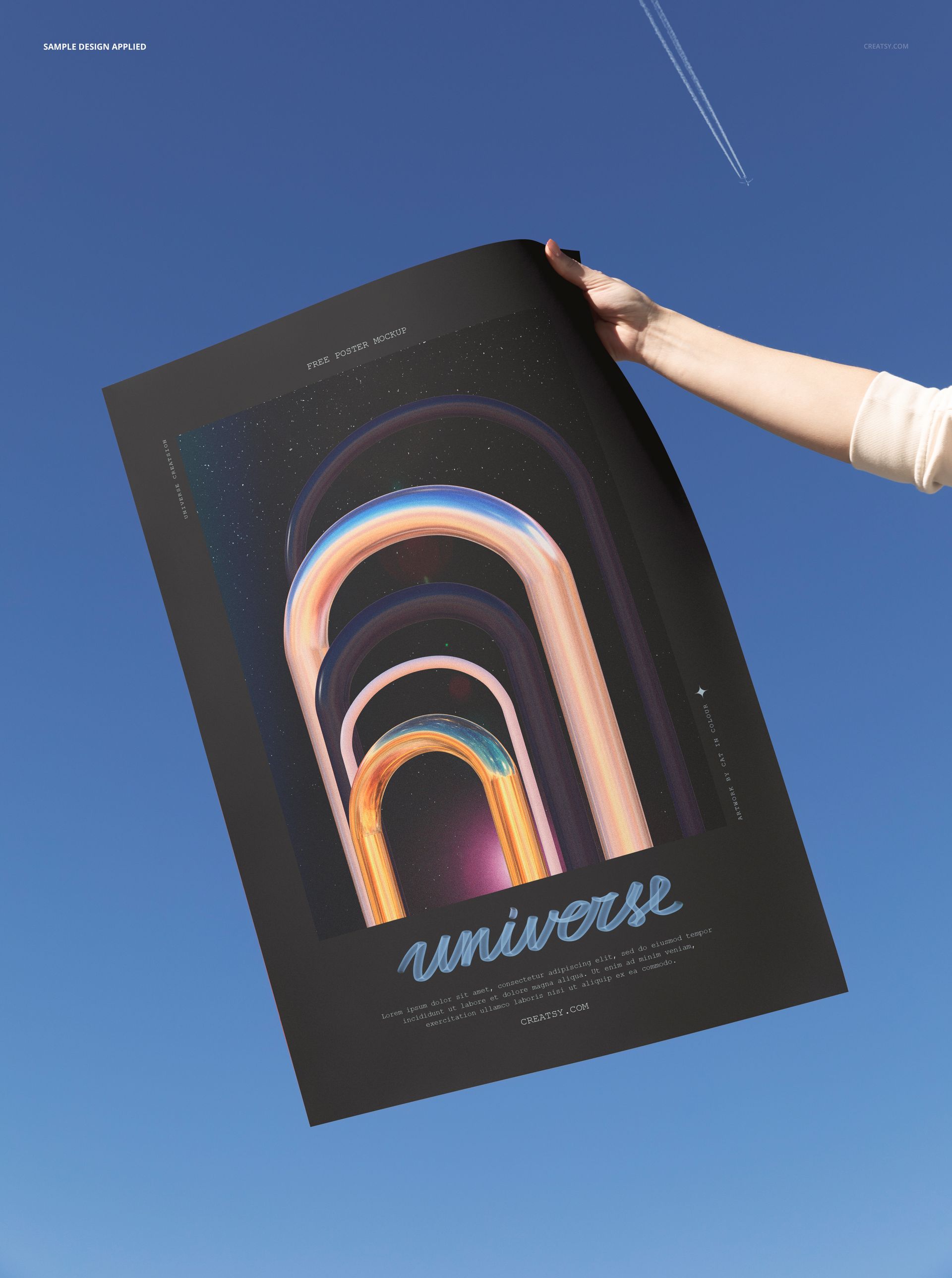 Skyline poster mockup showing a person’s hand holding a dark poster with vibrant arches, blue sky background.