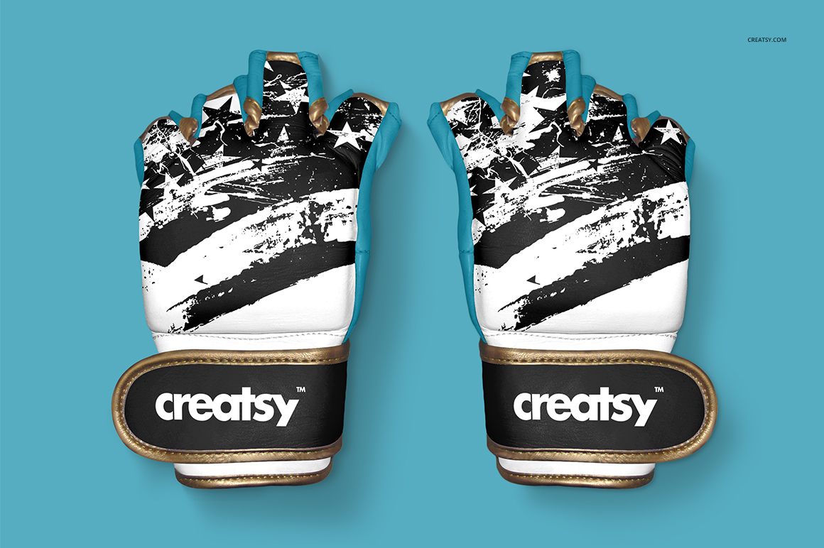 Mockup of MMA gloves with fingerless design, black and white graphic pattern, turquoise edges, and gold wrist straps.