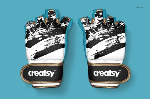 Mockup of MMA gloves with fingerless design, black and white graphic pattern, turquoise edges, and gold wrist straps.