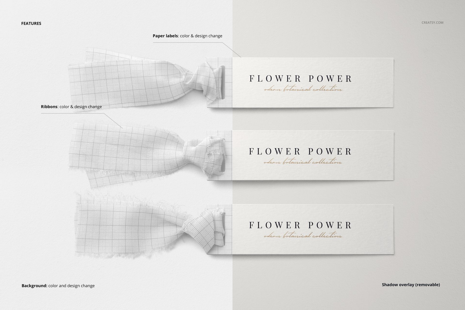 PSD mockup displaying three silk ribbons tied with paper labels, set against a neutral background with shadow effects.