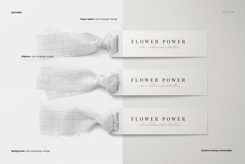 PSD mockup displaying three silk ribbons tied with paper labels, set against a neutral background with shadow effects.