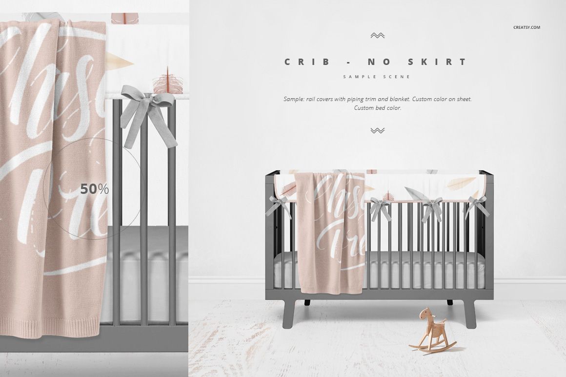 PSD mockup of a modern gray crib featuring pastel bedding, blanket on rail, and a small wooden rocking horse.