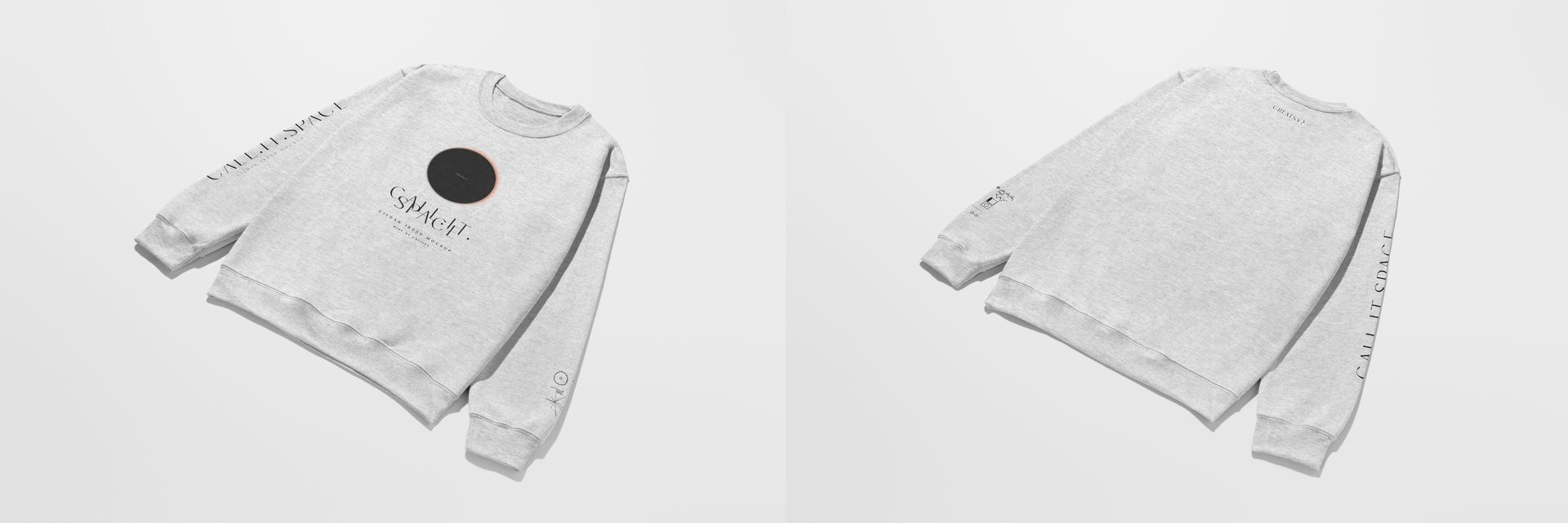 Front and back views of a light gray adult sweatshirt mockup with subtle text details on the sleeves, shown on a white background.