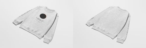 Front and back views of a light gray adult sweatshirt mockup with subtle text details on the sleeves, shown on a white background.