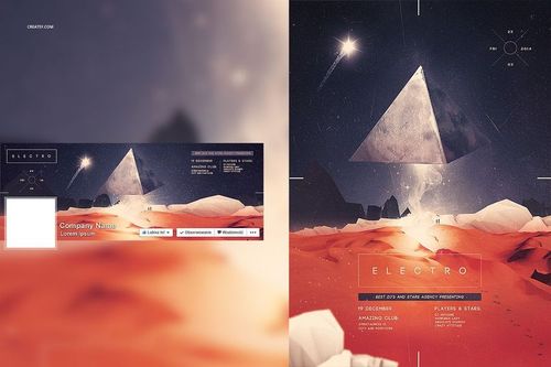 PSD mockup showing three posters with a luminous pyramid and abstract terrain in warm red and orange tones.