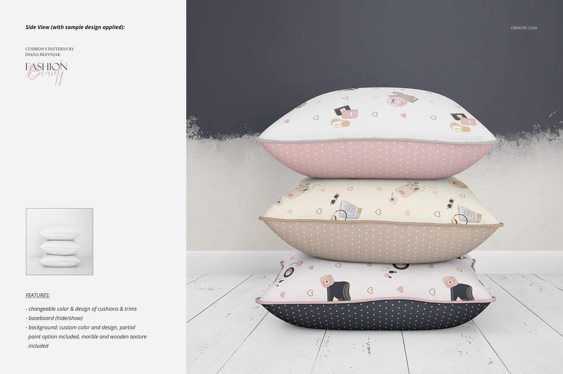 PSD mockup of piping cushions arranged in a vertical stack, displaying various patterns and neutral tones in a home setting.