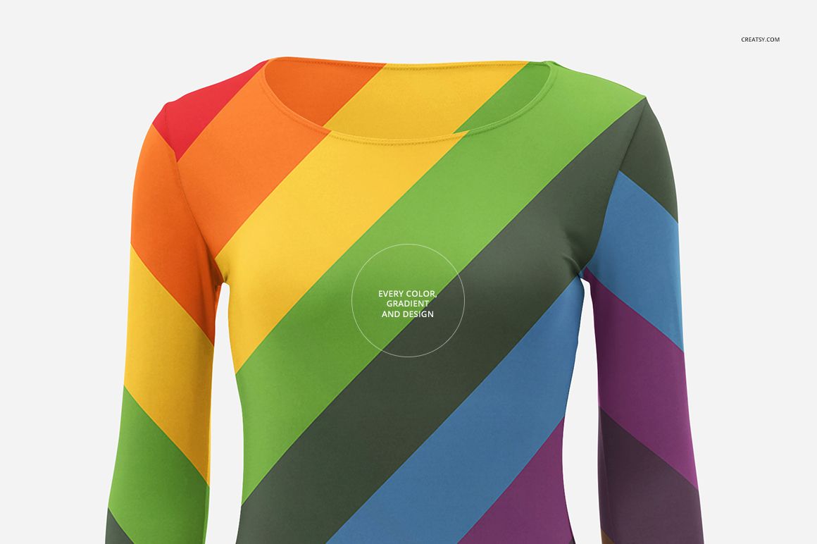 Front view of a women's long sleeve shirt mockup with diagonal rainbow stripes on a white background.