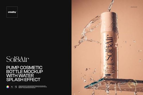 Beige pump cosmetic bottle mockup with dynamic water splash effect, displayed on a reflective surface, front perspective.