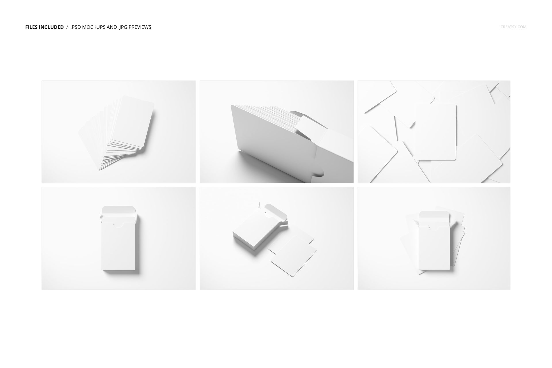 Six mockup scenes featuring plain playing cards and card boxes arranged in different positions on a white surface.