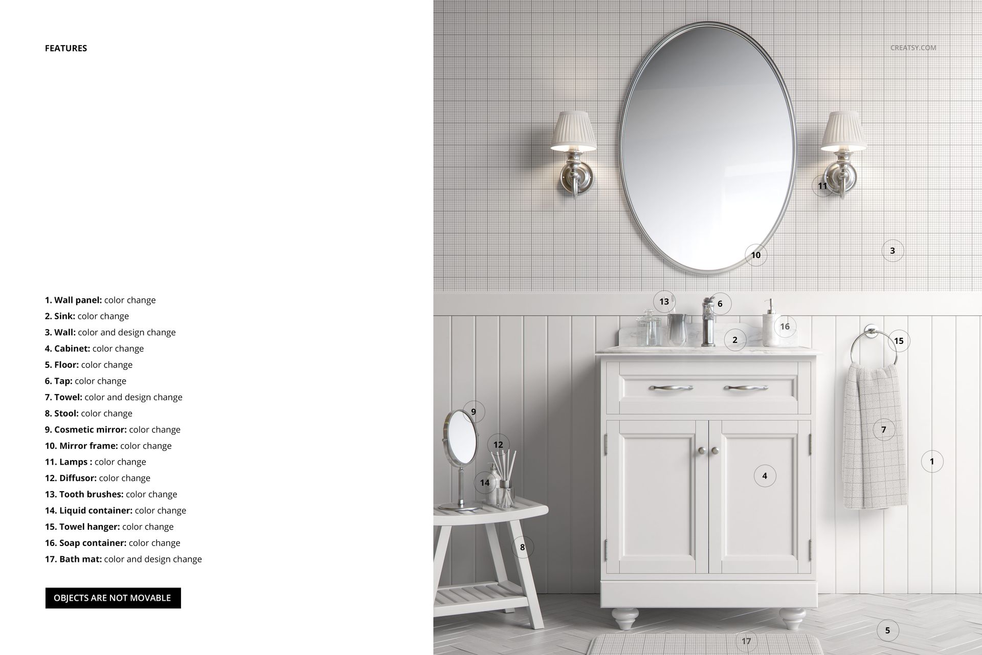 Classic bathroom cabinet with white finish, oval mirror, and wall lamps, shown in a front view mockup scene.