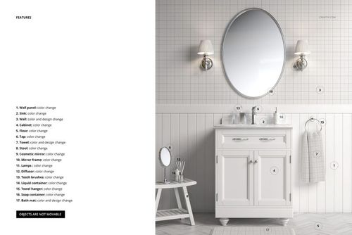 Classic bathroom cabinet with white finish, oval mirror, and wall lamps, shown in a front view mockup scene.