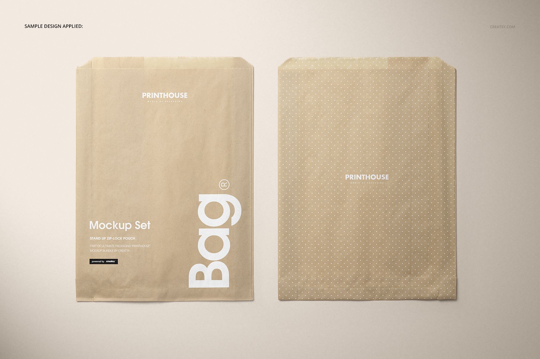 PSD mockup of sandwich paper bags in natural brown color, with minimal design elements and flat lay perspective.