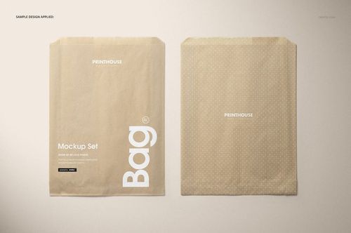 PSD mockup of sandwich paper bags in natural brown color, with minimal design elements and flat lay perspective.