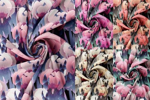 Close-up view of twisted silk fabric mockup displaying floral patterns in five color variations, arranged side by side.