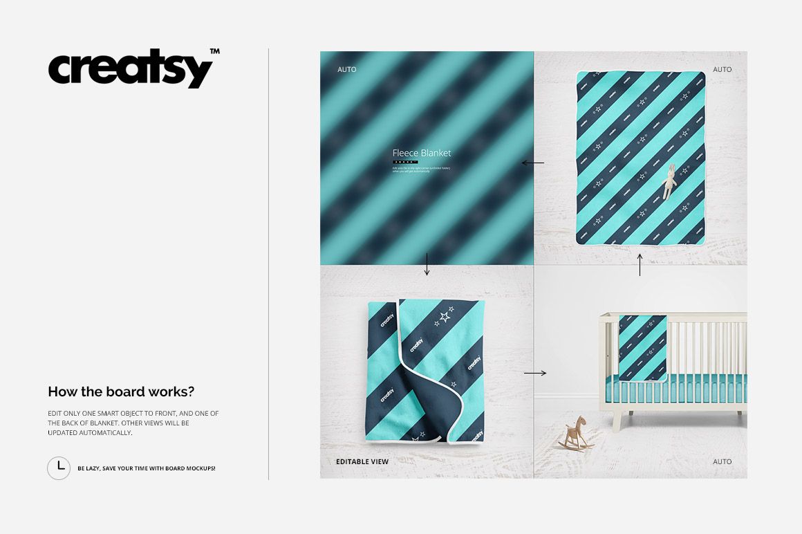 Baby fleece blanket mockup with teal and navy diagonal stripes, shown in crib, folded, and flat top view.