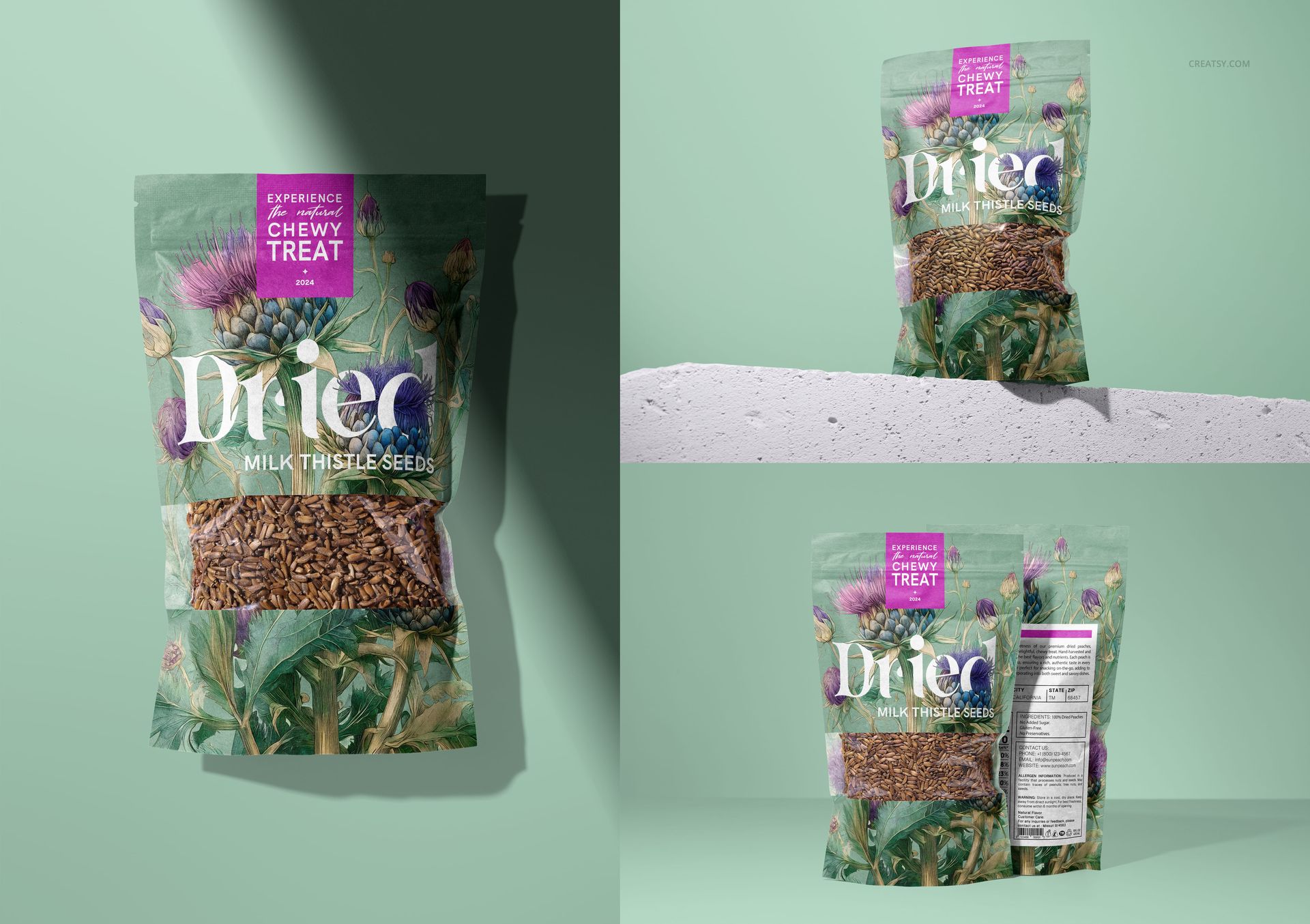 Milk thistle seeds paper pouch mockup featuring botanical artwork, displayed upright and from multiple angles.