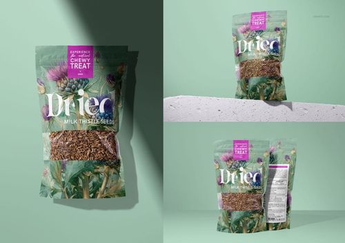 Milk thistle seeds paper pouch mockup featuring botanical artwork, displayed upright and from multiple angles.