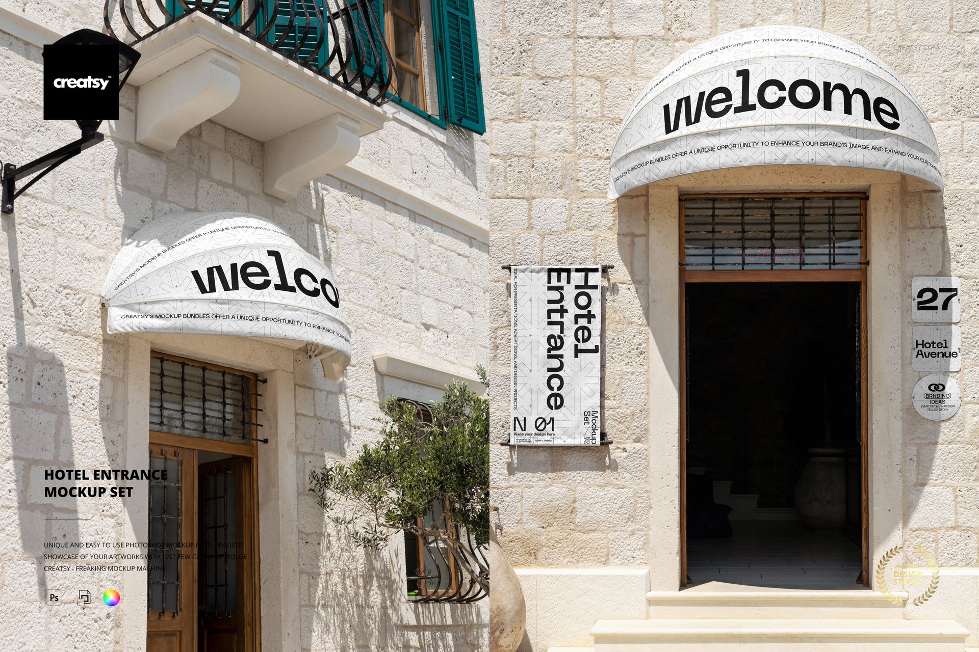 Hotel entrance PSD mockup showing a white arched awning with bold welcome text, stone walls, and outdoor signage.