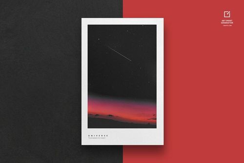Front view of a rectangular art print mockup featuring a night sky with stars and a shooting star, set against a split black and red background.
