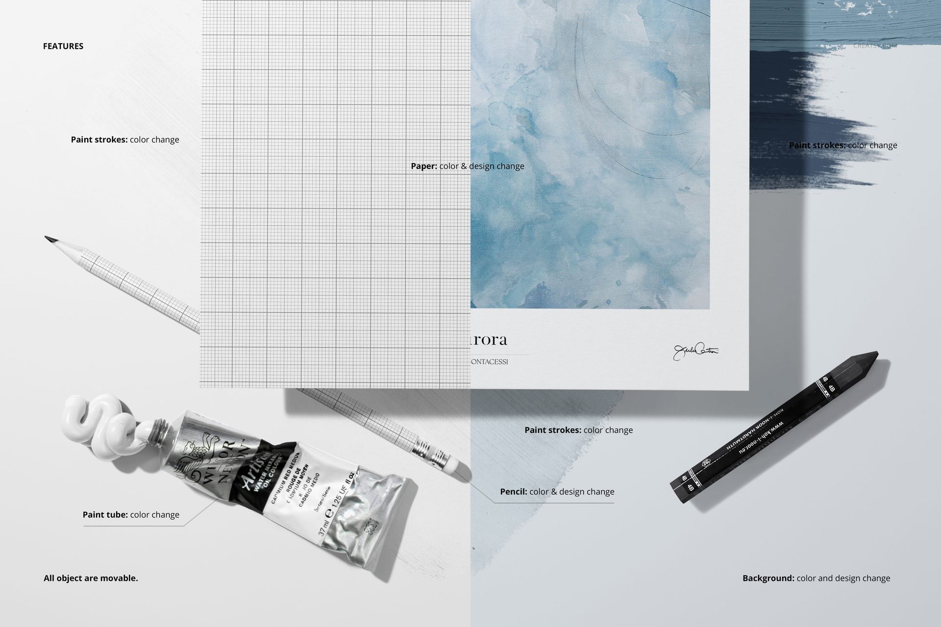 Textured paper mockup for painting and drawing, featuring a watercolor artwork, paint tube, pencil, and grid overlay.