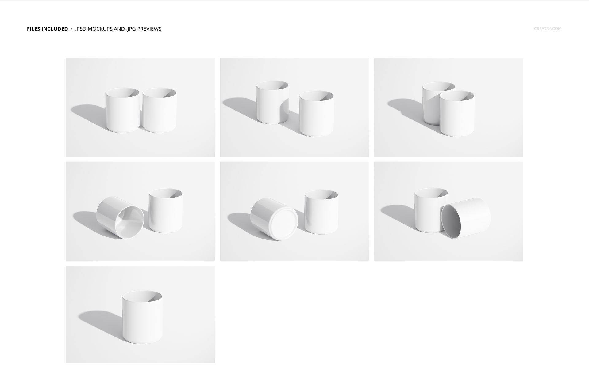 PSD mockup set featuring plain white mugs without handles, arranged in seven distinct perspectives against a minimalist backdrop.