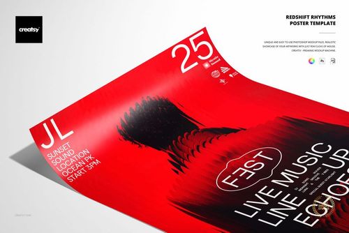 PSD mockup of a vibrant red event poster displaying large white text, a black silhouette, and a curled top corner.